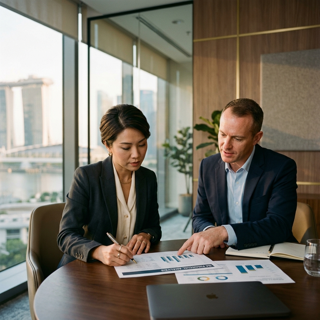 Professionals reviewing insurance documents together